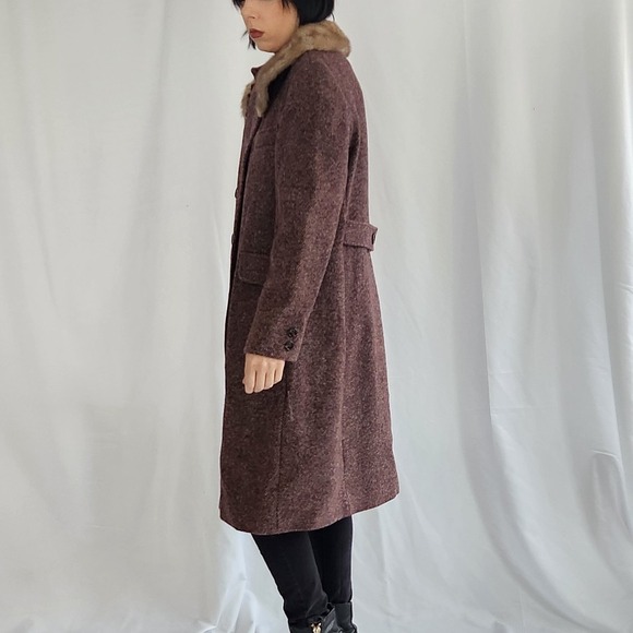 Vintage 1960 Brown 100% Wool Double-Breasted Coat with Vintage Mink Fur Collar - Picture 2 of 12